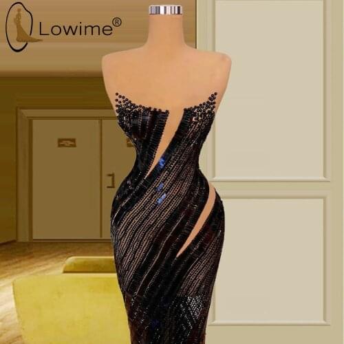 Sexy Black Illusion Mermaid Evening Dresses 2021 Sparkly Arabic Long Pearls Party Prom Gowns Robes Formale Vestidos De Fiesta