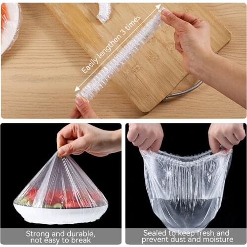 100 Pcs Cling Film Cover Kitchen Plastic Wrap Bags with Elastic Cord Refrigerator Food Odor-Proof Cling Film Cover Food Cover