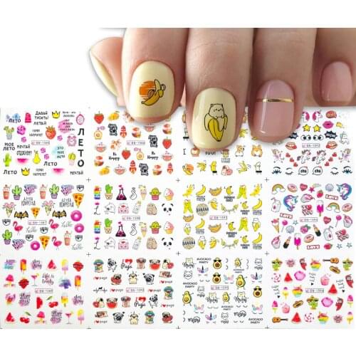 12 Designs Summer Mix Fruits Sweets Ice Cream Water Decals Nail Sticker Set Cute Animal Nail Art Decoration Watermark Slider