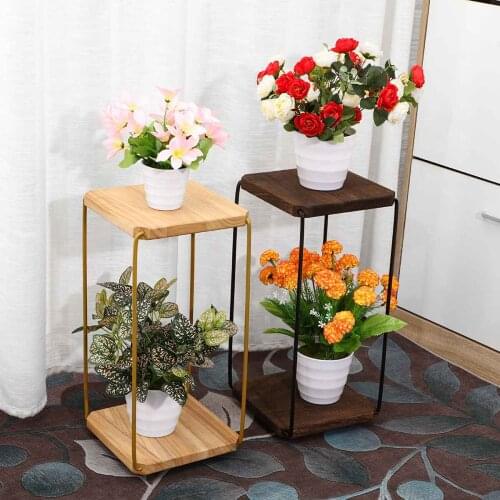 2Tier 2 Installation Ways Iron Stand Metal Plant Shelves Flower Pot Storage Rack Wooden Holder Outdoor Indoor Garden Decoration