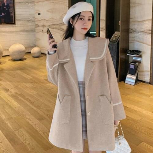 2021 Autumn Solid Sailorcollar Loose Little Jackets All-match Long Sleeve Female Women Elegant Wool Blends Pocket Coats