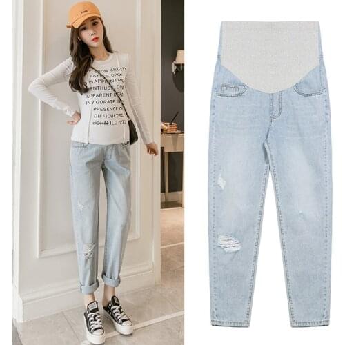 9996# Maternity pants Spring Autumn Hole Decoration Maternity Jeans Belly Support Pants Elastic Waist Maternity Trousers
