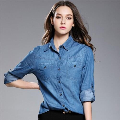 Denim Women Blouses 2021 Cotton Vintage Turn-down Collar Tops Blue Long Sleeve Blouse Spring Autumn Fashion Streetwear Shirts