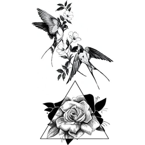 Black Swallow Flowers Fake Tattoo Sticker for Women Sketch Rose Leaves Geometric Temporary Tattoos Water Transfer Tatoos Girls