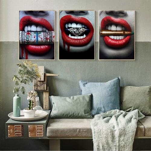 MUTU Art Poster Art Sexy Red Lip Money Bite Bullet Print Wall Oil Painting Canvas Picture Living Room Bar Office Home Decor