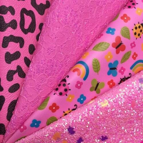Leo Leather Pink Unicorn Chunky Glitter Leather Fabric Leopard Rainbow Flowers Printed Synthetic Leather BOWS DIY 21X29CM G383