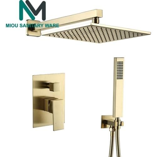 Brushed Gold Solid Brass Bathroom Shower Set Rianfall Shower Head Shower Faucet System Wall Mounted Shower Arm Mixer Water Sets