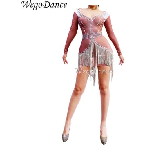 New Women Fashion Sparkly Rhinestones Fringes Dress Evening Party Long Sleeves Stretch Birthday Celebrate Diamons Dresses