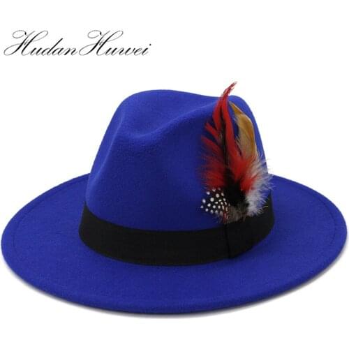 New Style Autumn Winter Black Panama Jazz Woolen Fedora Hat with Wide Brim Feather Belt Church Top Caps