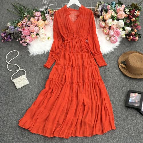 Spring Bohemian Holiday Dress Autumn 2021 New Temperament V-Neck Drawstring Waist Long Fashion Sundress + Tunic Dress Set zh474