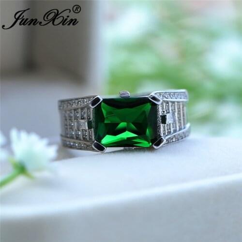 Luxury Crystal Green Blue Stone Rectangle Rings For Men Women Silver Color Vintage Zircon Wedding Bands Male Female Jewelry