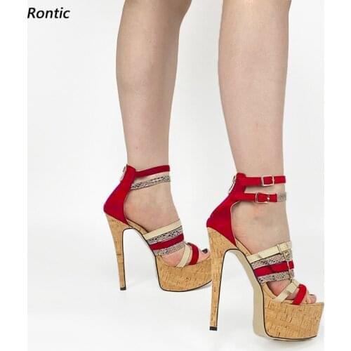 Rontic Handmade Women Platform Sandals Ankle Strap Cork Stiletto Heels Open Toe Beautiful Red Purple Black Shoes US Size 5-20