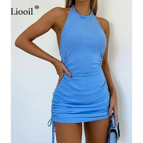 Liooil Sexy Ruched Halter Bodycon Mini Dress Women Summer New 2021 Streetwear Sleeveless Backless Drawstring Blue Party Dresses