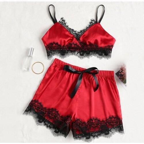 Silk Pajamas Set Women Sexy Lingerie Bow Sleepwear Lace Satin pijama Sexy Cute pyjamas women Champagne Color pijamas pizama