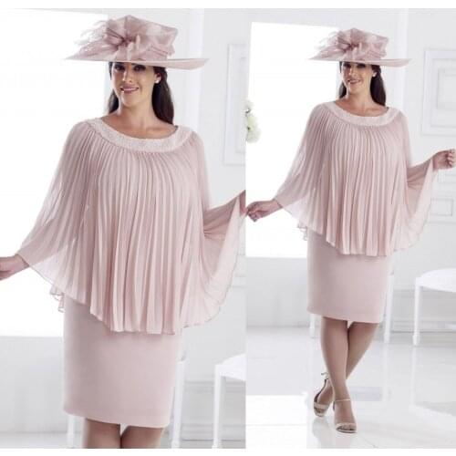 Chic Pink 2019 Mother Of The Bride Dresses Jewel Neck Beaded Knee Length Wedding Guest Dress Plus Size Formal Evening Gown