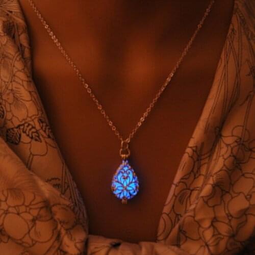 Glowing Stone Luminous Locket Necklace Jewelry Silver Hollow Water Drop Pendant Silver Glow In The Dark Necklace