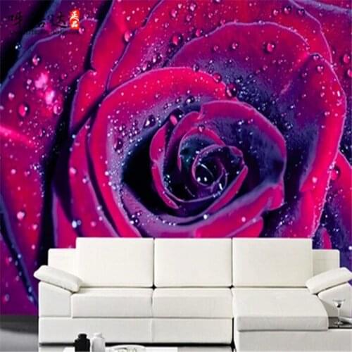 Water drop Purple Flower 3d Rose Mural 3d wall Papel photo mural Wallpaper for living room sofa background 3d wall mural papel