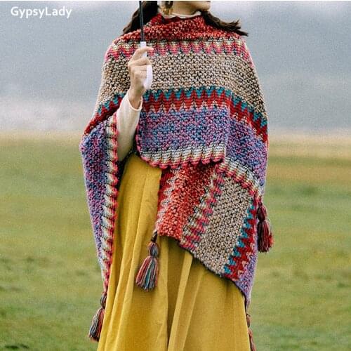 GypsyLady Vintage Boho Cloaks Capes Top Red Women Autumn Winter Floral Knitted Poncho Capes Tassels Chic Cloak Poncho Outwear