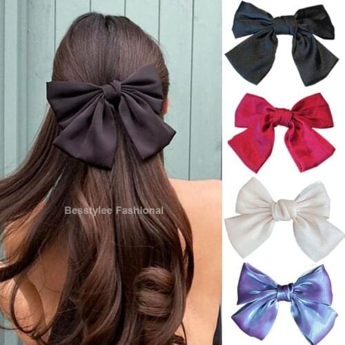 High Quatity Solid Color Big Bow Hairpins for Girl Popular Hair Clip for Women Sweet Two-layer Satin Hairgrip Hair Accessories