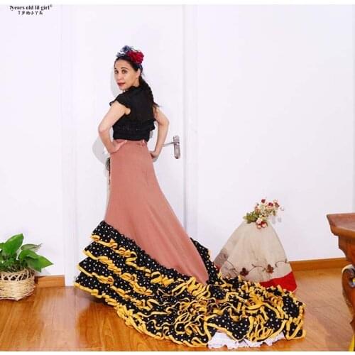 Girls Spanish Dress Flamenco Cotton Women Ballroom Waltz Dance Costumes Foxtrot Wear CWQ06