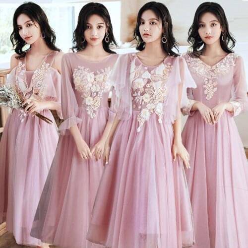 Bridesmaids Dresses Illusion A-Line V-Neck Embroidery Lace Tulle Ankle-Length Luxury Pink Vintage Women Wedding Party Gown E372