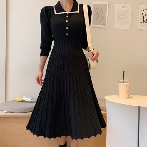 2020 Autumn Winter Women Knitted Pleated Dress Long Sleeve Korean Casual Streetwear Elegant Long Sweater Dress Robe Femme