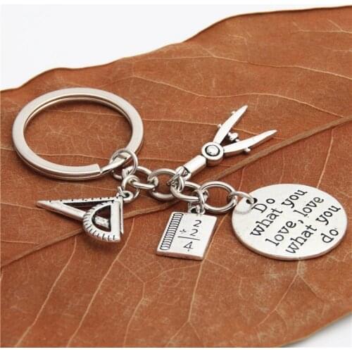 1pc Do What You Love Jewelry Teacher Key Chains Studant Keyring Ruler Pencil Compass Charms For Gift E2038