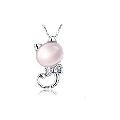 2016 New arrival hot sell fashion opal stone cute cat animal 925 sterling silver ladies`pendant necklaces jewelry gift