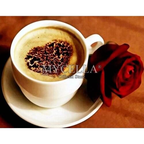 5D DIY Diamond Painting Rose Coffee Cross Stitch Diamond Embroidery Home Decor Needlework Round Diamond Mosaic Wall Stickers