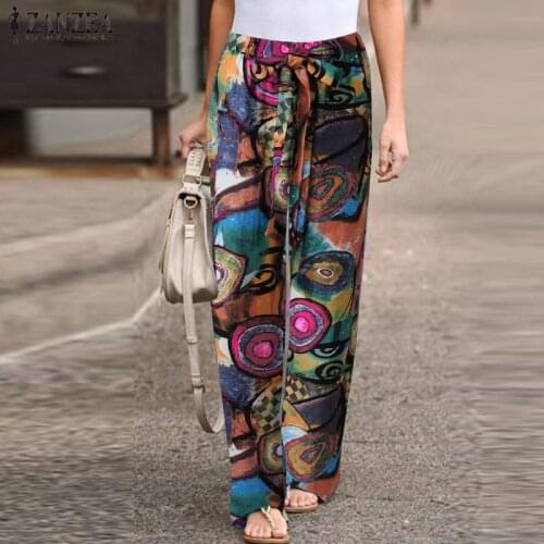 ZANZEA Autumn Pants Drawstring Pantalon Palazzo Fashion Womens Printed Trousers Female Elastic Waist Casual Turnip