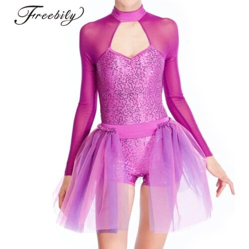 Kids Teens Sequins Stage Performance Lyrical Dance Costumes Children Girls Figure Skating Ballet Tutu Leotard Mesh Dress