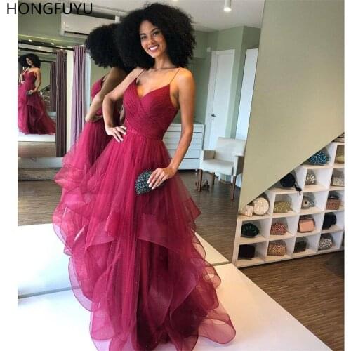 HONGFUYU Wine Red Tiered Tulle Prom Dresses A-line Long Formal Dress Spaghetti Straps Vestidos Woman Evening Gowns Sleeveless