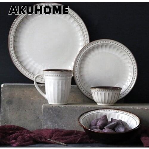 European Style Embossed Series Ceramic Tableware Creative Western Plate Steak Pasta Plate Household Salad Bowl Mug Plates Set