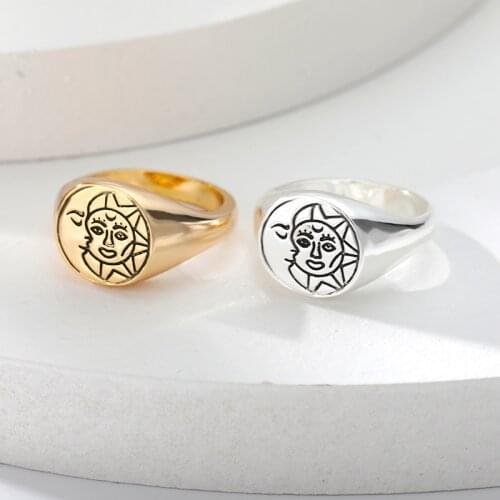Aesthetic Rings For Women Vintage Stainless Steel Golden sun moon face ring Punk Couple Ring Fashion Exaggeration Jewelry