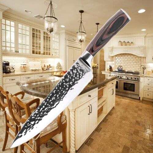 Kitchen Knives 8"Inch Stainless Steel Chef Knife High Grade 7Cr17 Frozen Meat Cutter Wood Handle Identation blade Cooking Tools