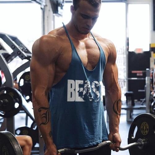 Mens Gym Workout Printed "BEAST" Tank Tops Y Back Fitness Lightweight Strap Muscle Fit Stringer Bodybuilding Extreme Tee
