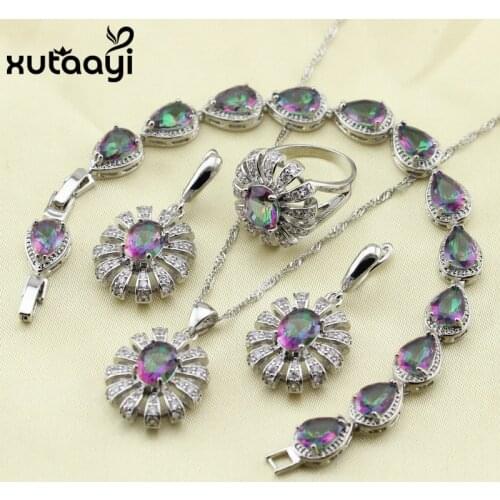 XUTAATI 4PCS Huge Multicolor Rainbow Cubic Zirconia Silver colorColor Earrings Ring Necklace Pendant Bracelet Women Jewelry Set