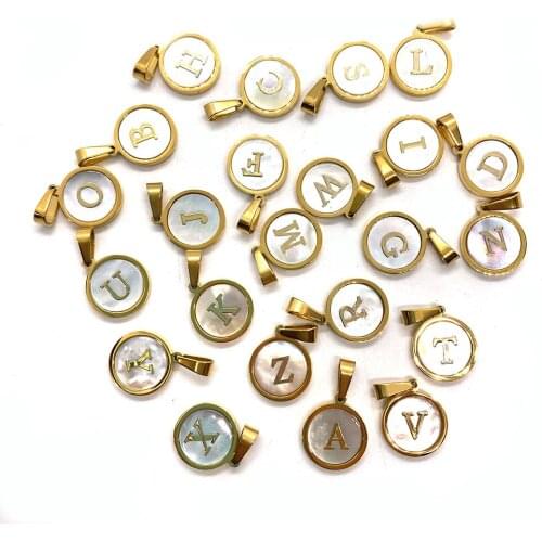 Natural Sea Shell Pendant Capital Letter Stainless Steel Pendant Making Necklace Bracelet Creative DIY Couple Gift Jewelry 5pcs