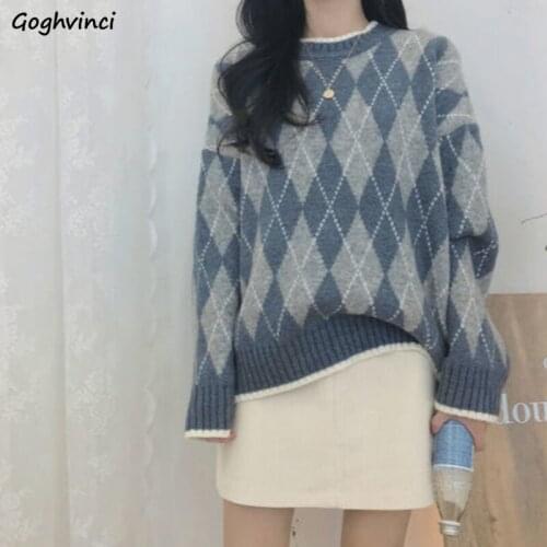 Pullovers Women Argyle Elegant Loose Sweaters Womens Vintage Casual Chic Plaid Jumpers Ladies Preppy Style Knitted Clothing New