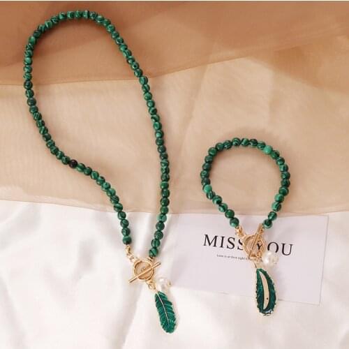 Green Malachite Bracelet Necklace Jewelry Sets for Women Leaf Gold Color Link Chain Clasp Boho 2Pieces Jewellery Set Ethnic Gift