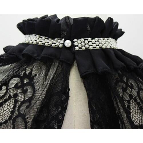 Women Women Hollow Out Embroidered Floral Lace Wedding Shawl Bolero Ruffles Pleated High Neck Fake Collar Faux Pearl Decor Shrug
