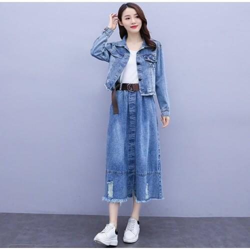 New Spring Autumn Women Jeans Sets Plus Size Casual Single Button Short Jeans Coat And Hem Hole Cowboy Skirt Two-Piece For Suits