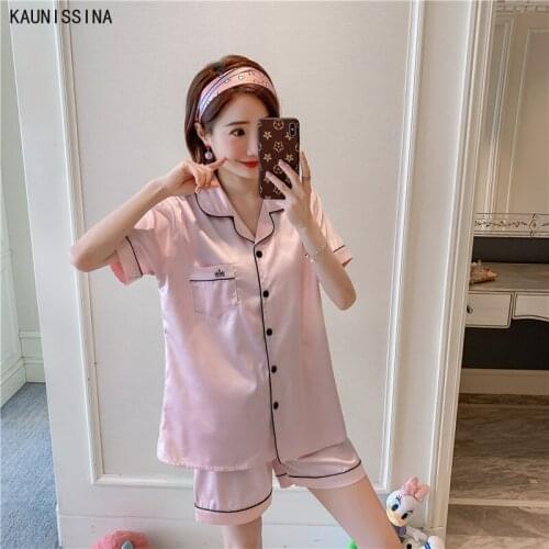 Plus Size Pajamas Set Women Silk Summer Sleepwear Short Sleeve Turn-down Collar Button Tops Shorts Two Piece Pajama Homewear 5XL