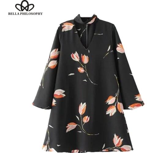 Bella Philosophy loose floral print women dress long sleeve female vestidos cotton draped flroal ruffle dress knee length