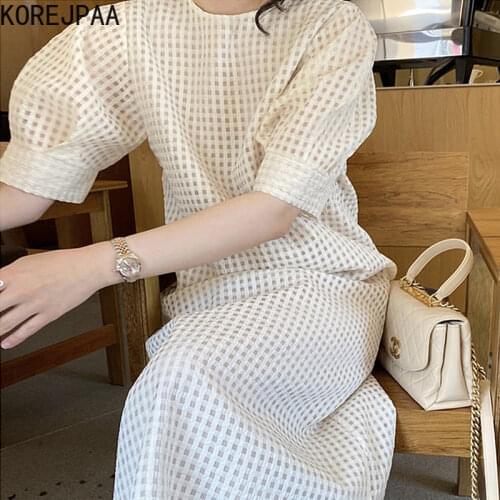 Korejpaa Women Dress 2021 Summer Korean Fashion Elegant Court Style O Neck Grid Texture Loose Bubble Sleeve Long Vestidos Female