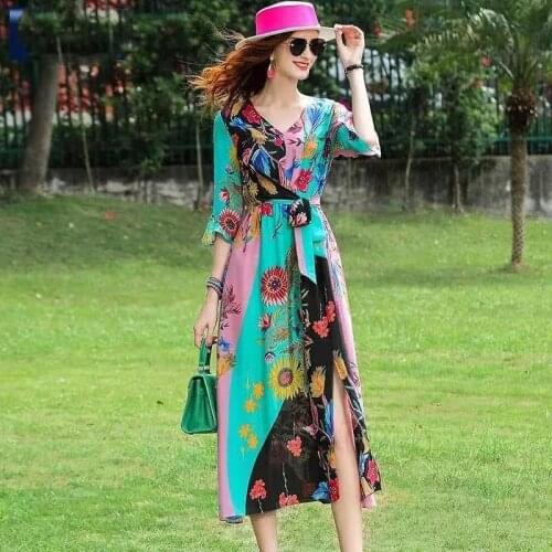 2021 Summer Clothes For Women Vintage Print Women Silk Dress Sashes Vestido Midi Plus Size 4xl V-neck Elegante Dresses