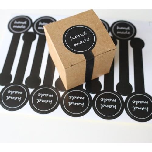 100Pcs Adhesive Long Style "HAND MADE" Black Handmade Cake Packaging Sealing Label Sticker Baking DIY Gift Stickers 3X10CM