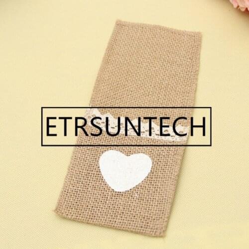 200pcs White Heart Burlap Silverware Cutlery Holder Rustic Wedding Table Decor Jute Lace Knife Fork Pouch Cover Bags
