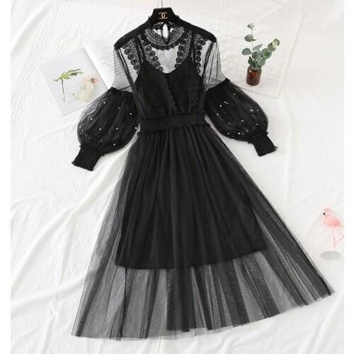 2021 New Korean Lace Mesh Dress Women Fashion Stand Collar Lantern Sleeve Hollow Crochet Embroidery Party Dress Vestidos 13418