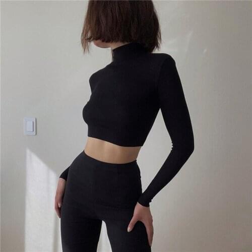 2021 Pure Color High-neck Short T-shirt Women Autumn Leisure Long-sleeved Comfortable Blouse Ladies Tight-fitting Basic T-shirt
